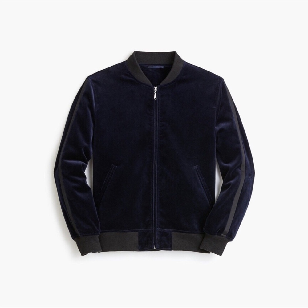 J. Crew Ludlow Navy Velvet Bomber Jacket with Tuxedo Stripe, size L